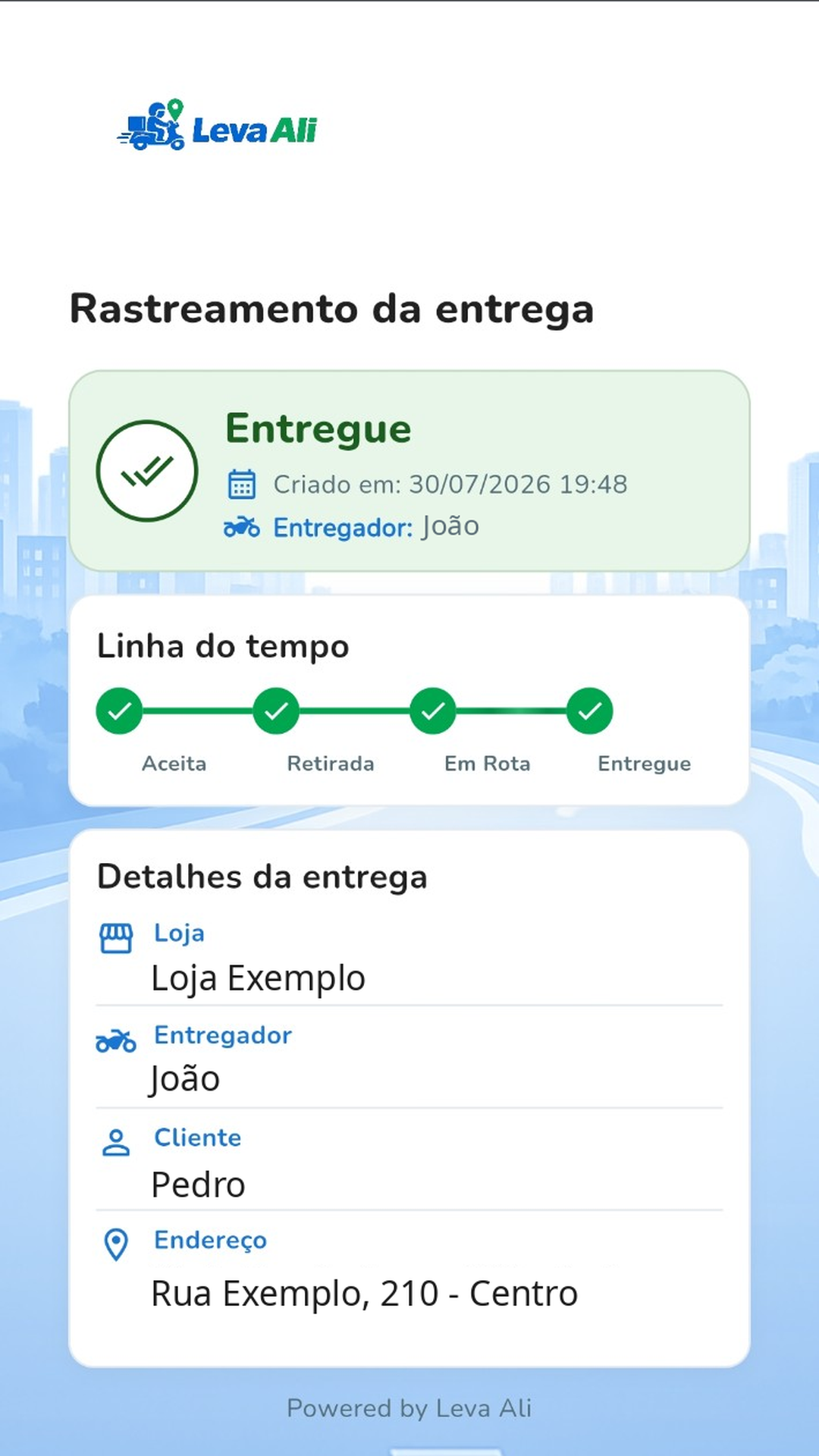 Tela pública de rastreamento de entrega do Leva Ali