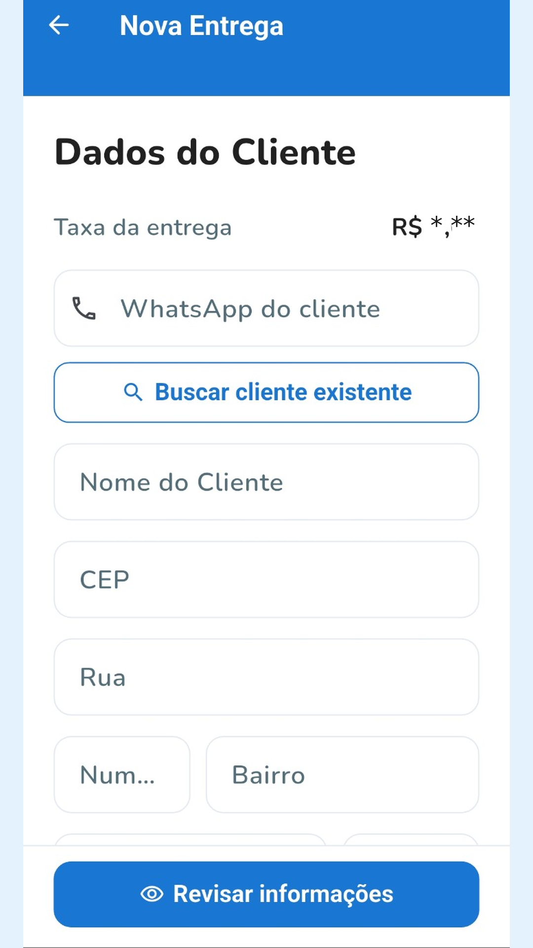Tela do Leva Ali para criação de uma nova entrega pelo comércio