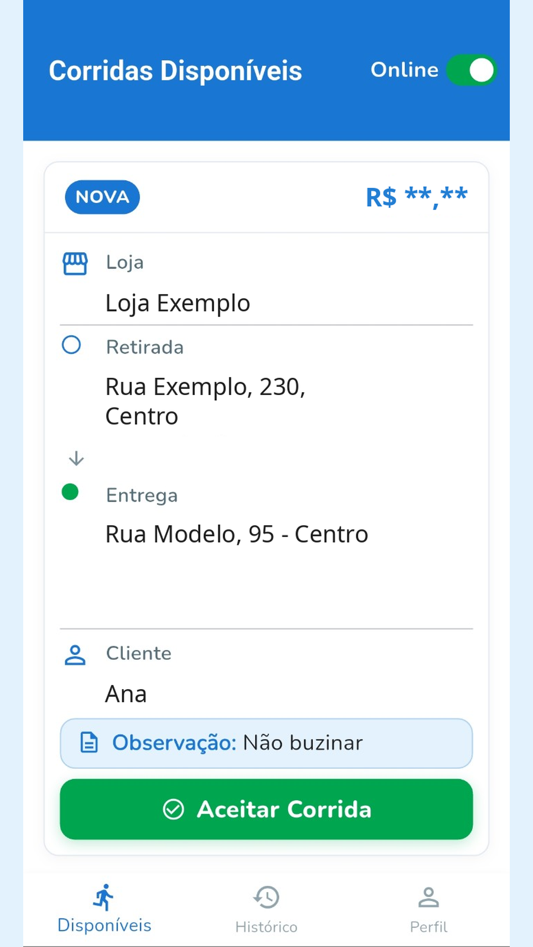 Tela do Leva Ali com uma solicitação disponível para o entregador